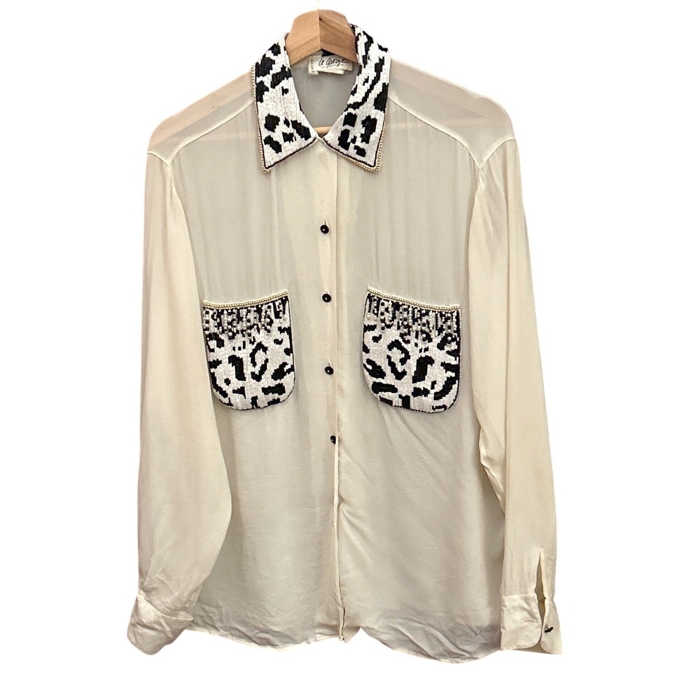 Le Garage Beaded Collar Leopard Print Sheer Cream Button Up Shirt Blouse Top